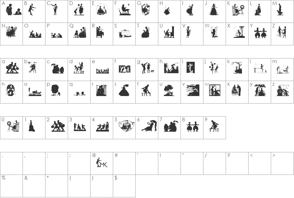 SilhouettenPeople font character map preview