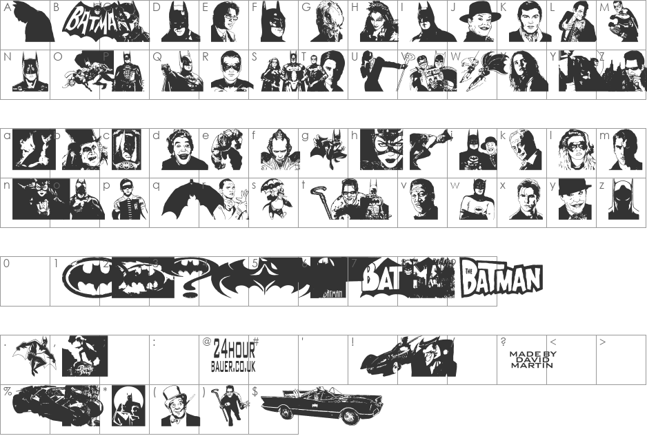 Batman The Dark Knight font character map preview