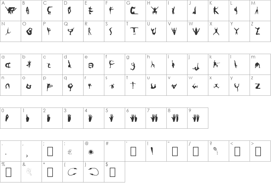 Silhouttes font character map preview
