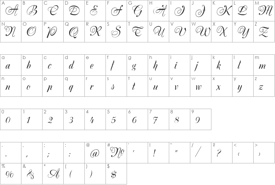 Silk Script font character map preview