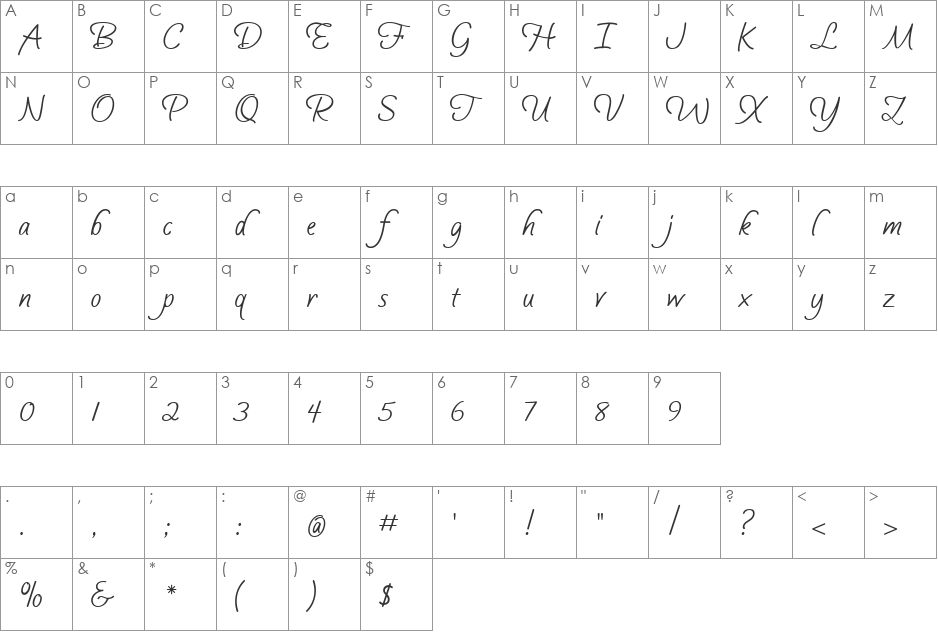SilverScriptFlourishes font character map preview