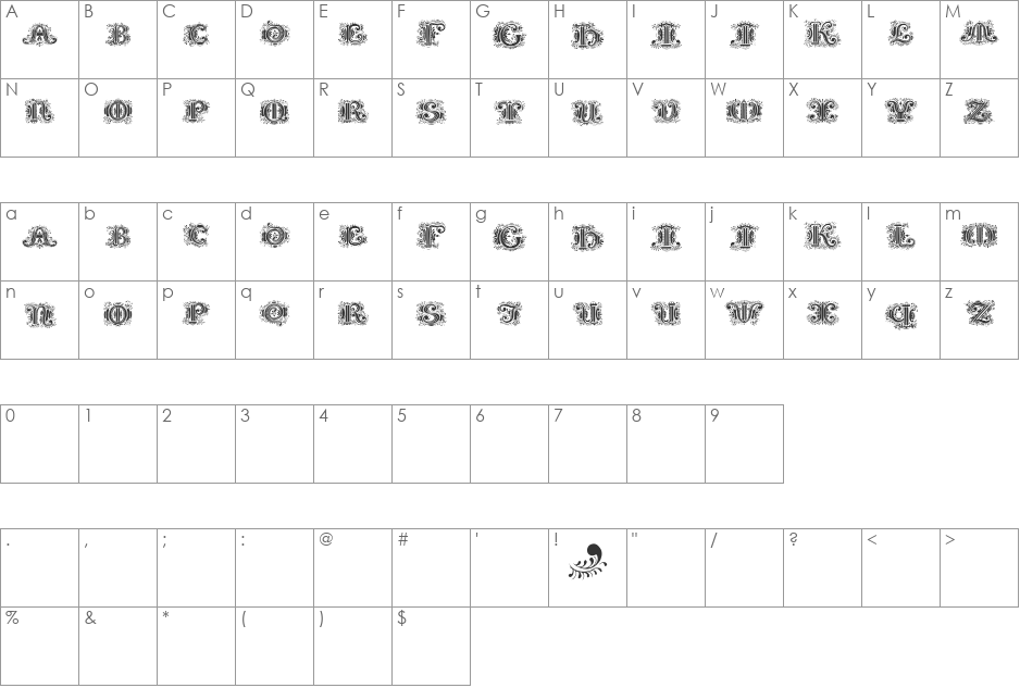 SilvestreInitialsSquares font character map preview