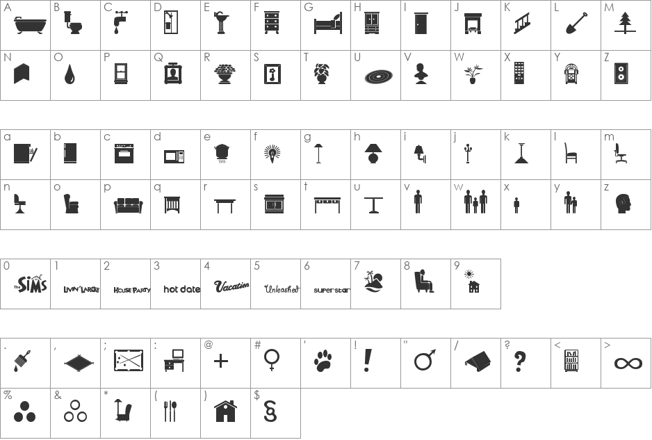 Simbats font character map preview