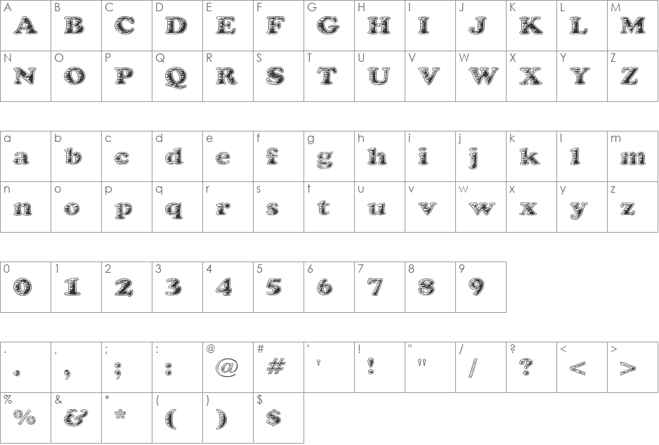 Battered Cooper font character map preview