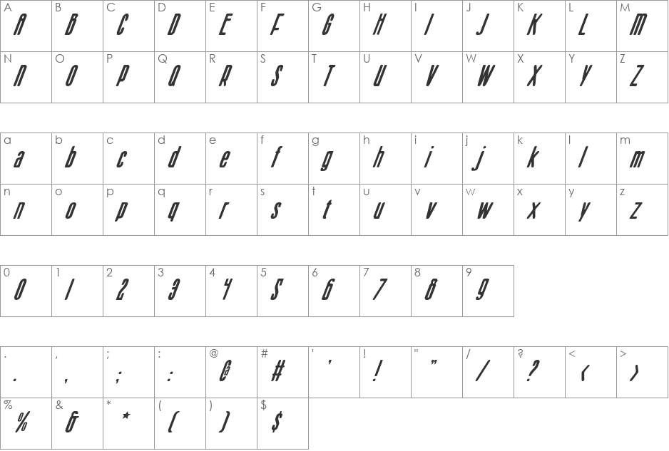 Sister Europe Italic font character map preview