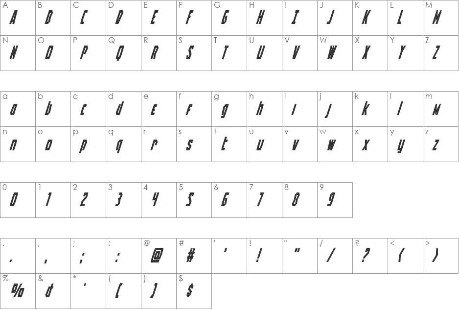 Battleworld Super-Italic font character map preview