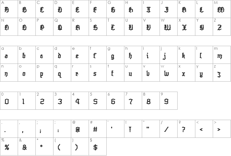 Skelett font character map preview