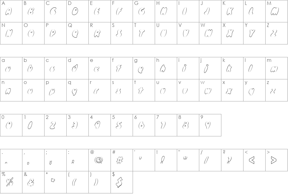 Skidoos Becker Outline font character map preview