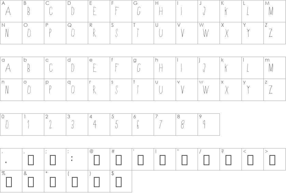 Skinny font character map preview