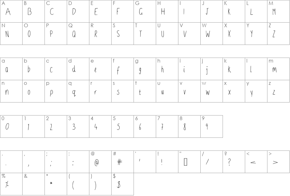 Skinny font character map preview