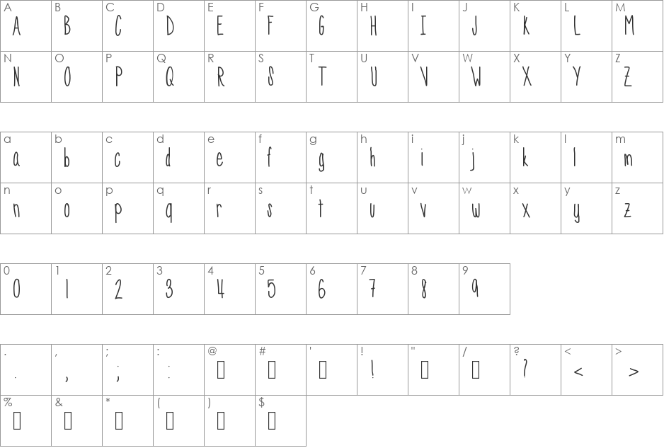SkinnyNess font character map preview
