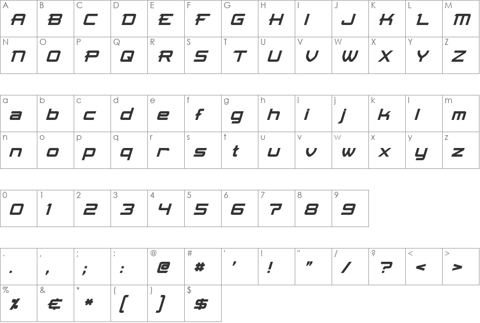Skir Oblique font character map preview