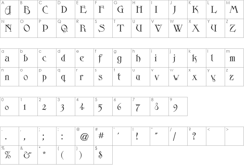 Skjald CG font character map preview