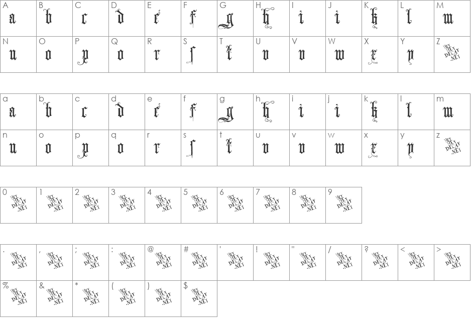 Skjend Hans Gotisk font character map preview