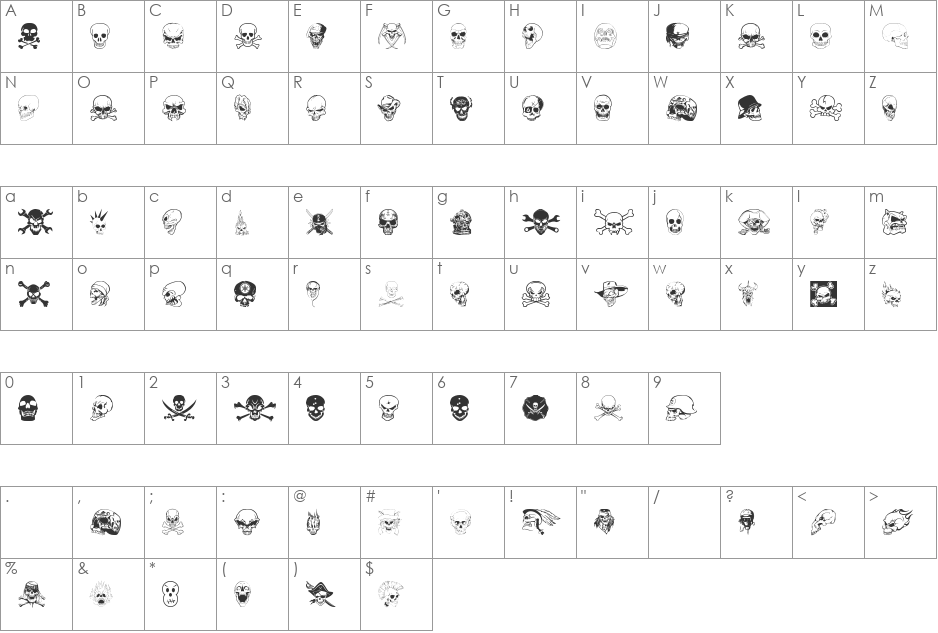 SKULLX font character map preview