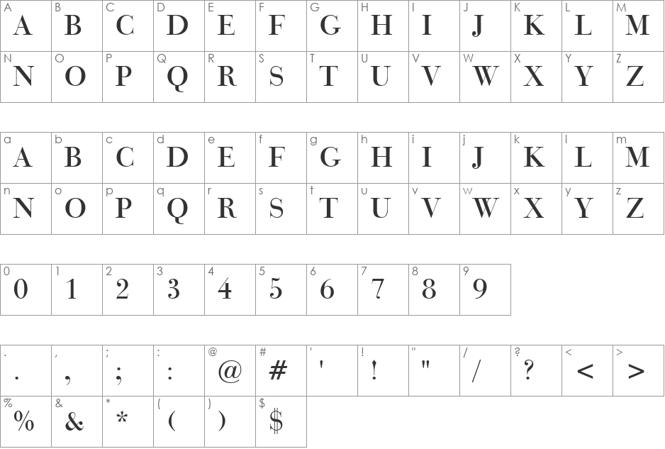 BauerBodni Titl BT font character map preview