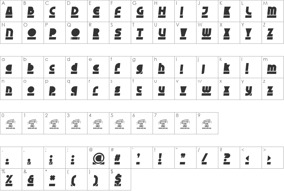 Skyzhi PERSONAL USE ONLY font character map preview