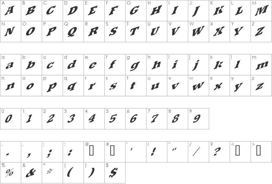 Slant Six font character map preview
