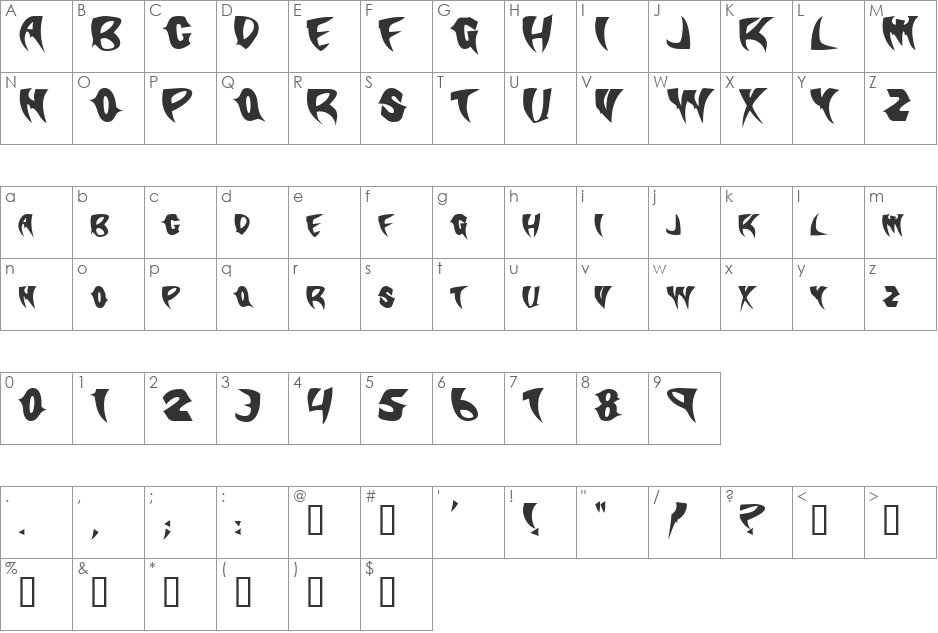 Slasher font character map preview