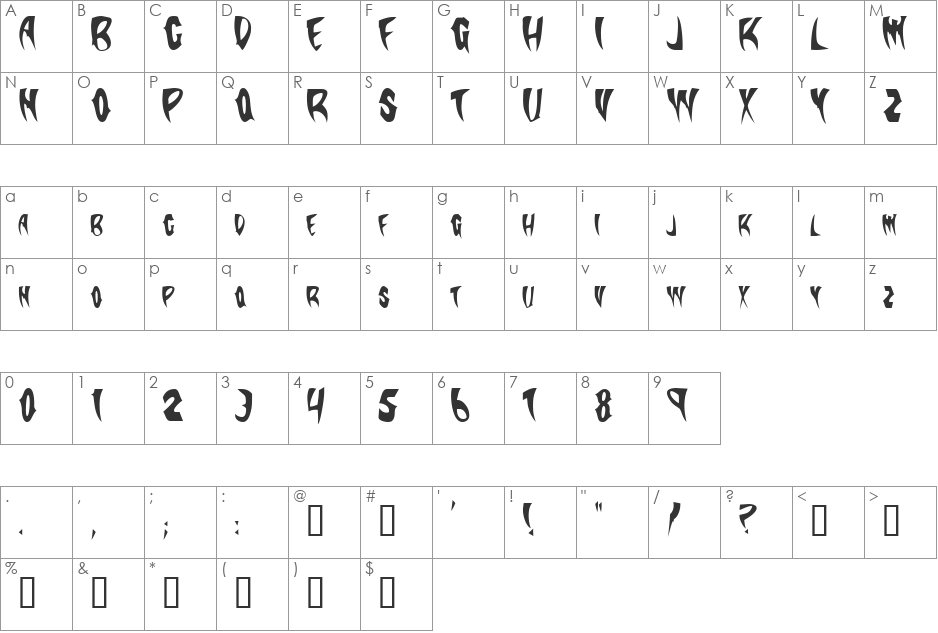 SlasherCondensed font character map preview