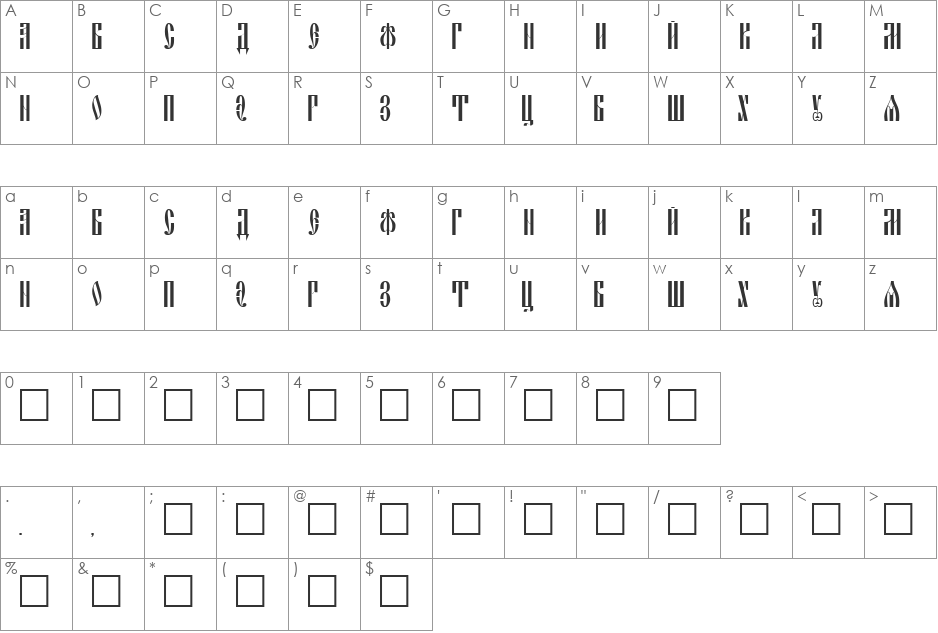Slavjanic font character map preview