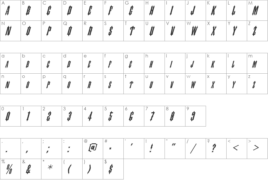 Slayer-Italic font character map preview