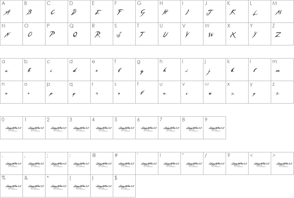 Sleepy Hollow 3.0 font character map preview