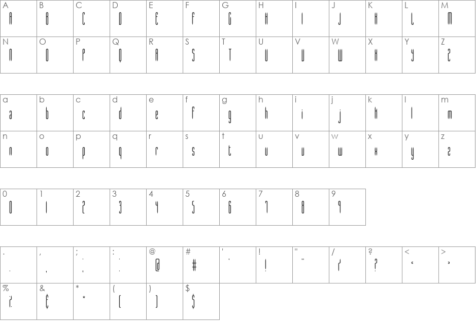 Slender Stubby BRK font character map preview