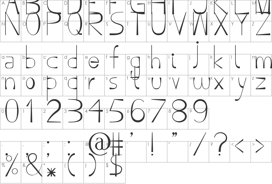 Slim font character map preview