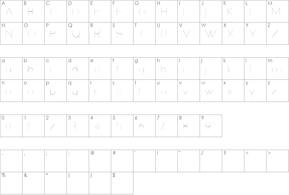 Slim Extreme font character map preview