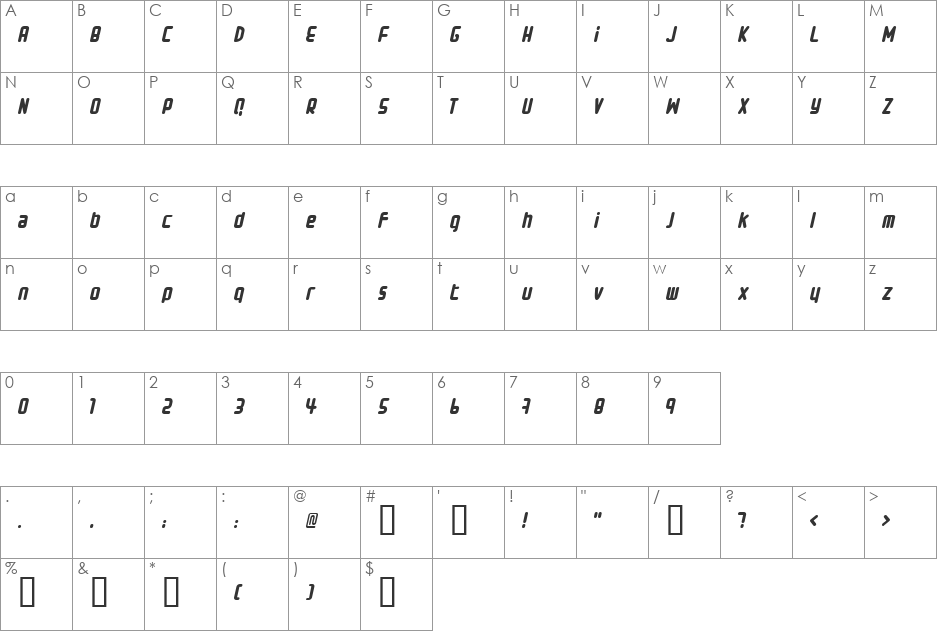 Small type font character map preview