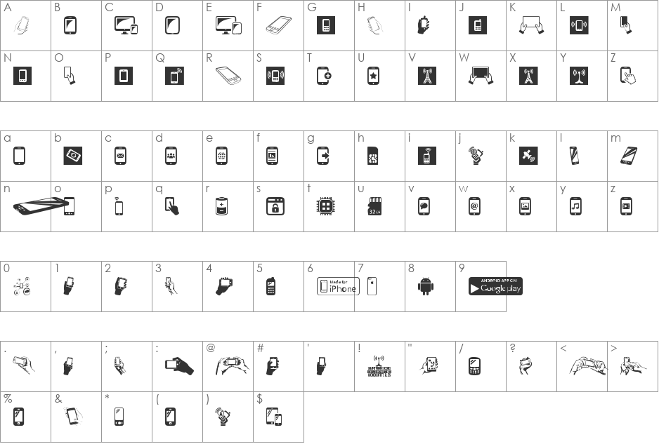 Smartphone Icons font character map preview
