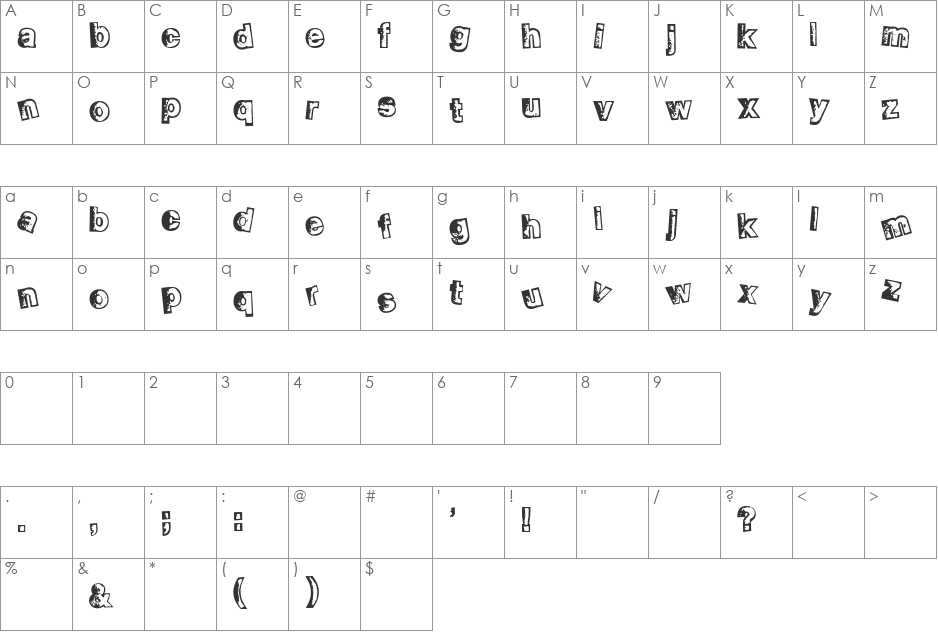 Smelvetica Outline font character map preview