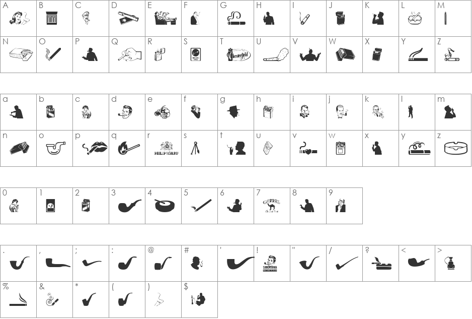 Smoking font character map preview