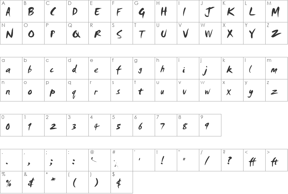 Smudger font character map preview