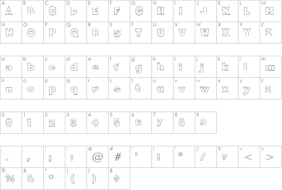 Sneakerhead BTN Outline font character map preview