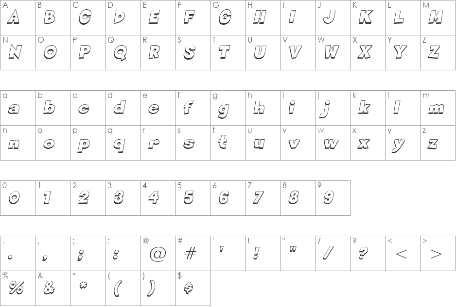 Sneakerhead BTN Shadow font character map preview