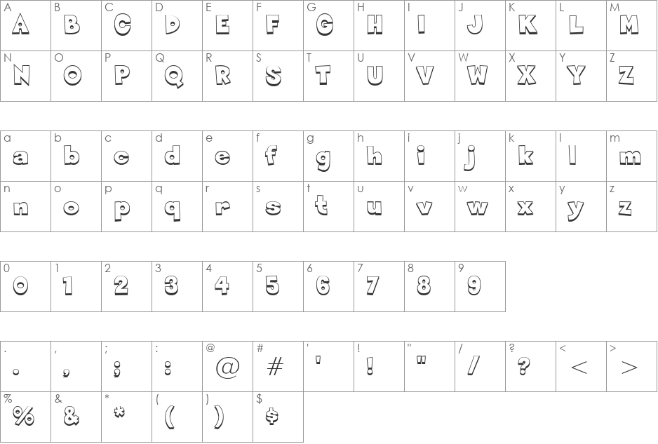 Sneakerhead BTN Shadow font character map preview