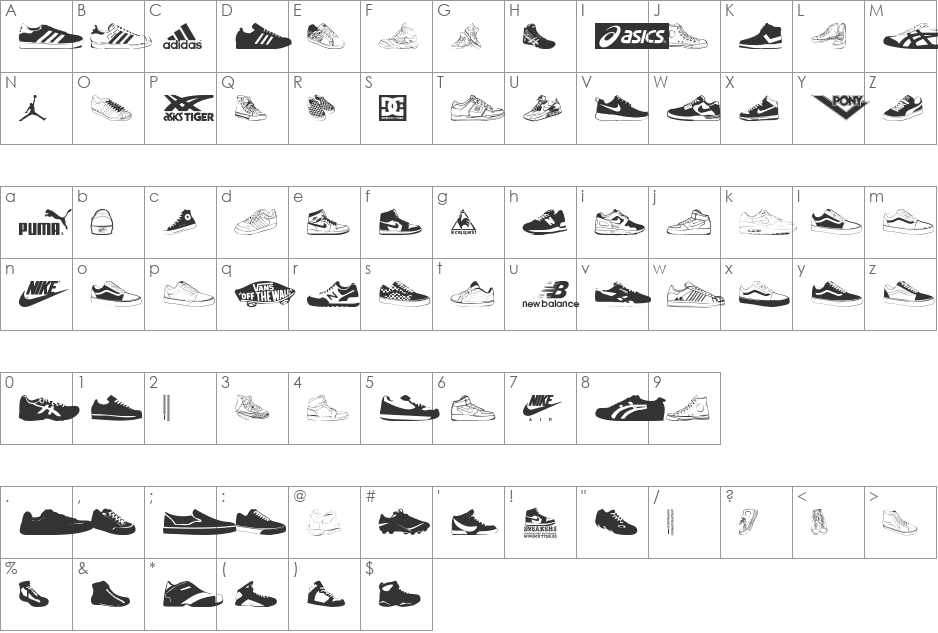 Sneakers font character map preview