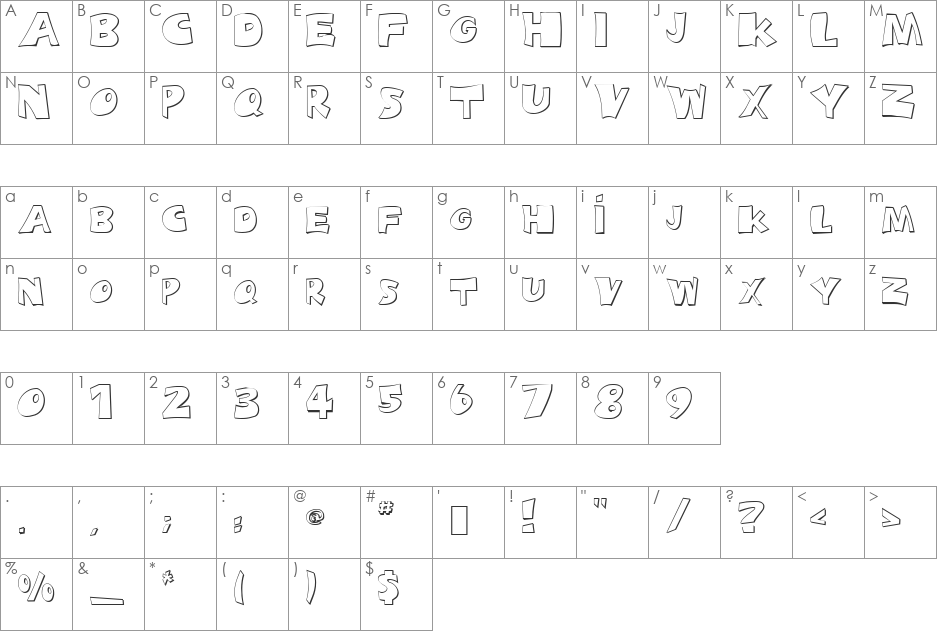 Snopy Outline font character map preview