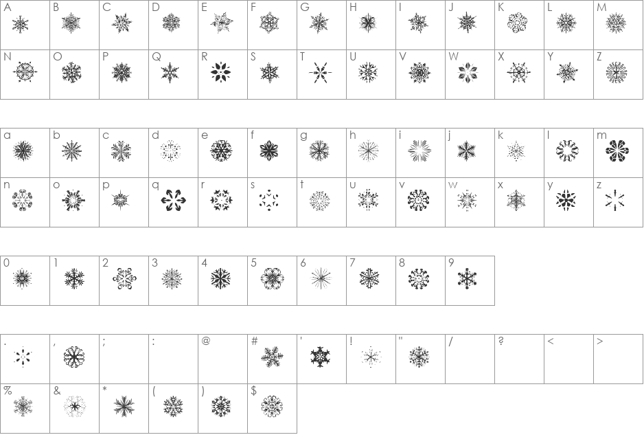 Snowflakes tfb font character map preview