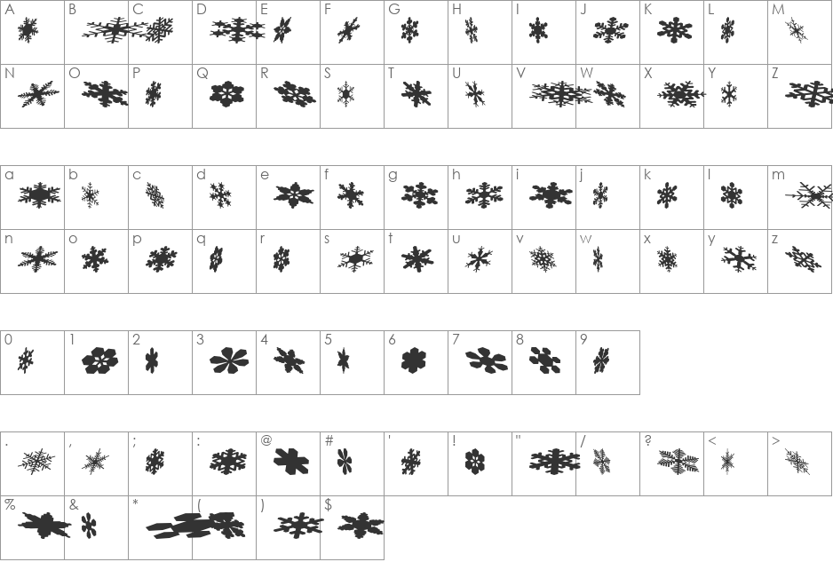 SnowflakesFalling font character map preview