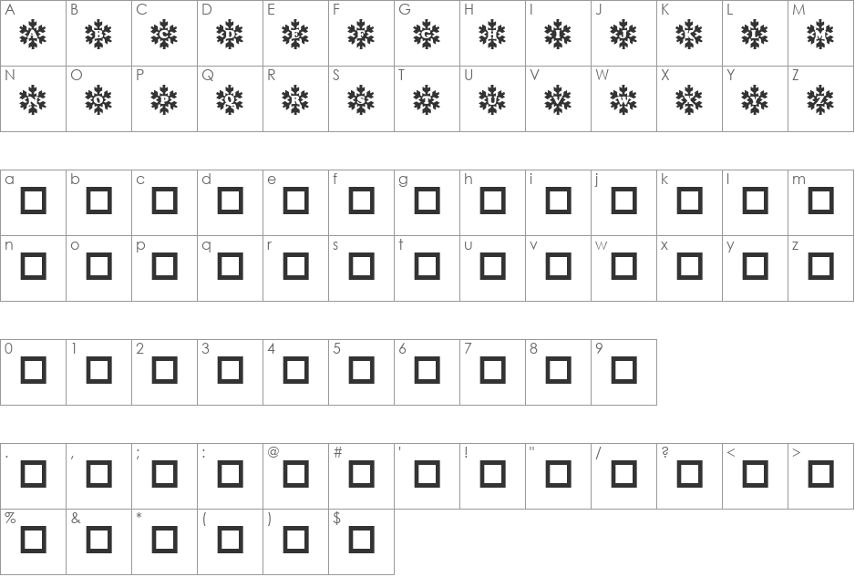 SNOWY CAPS font character map preview