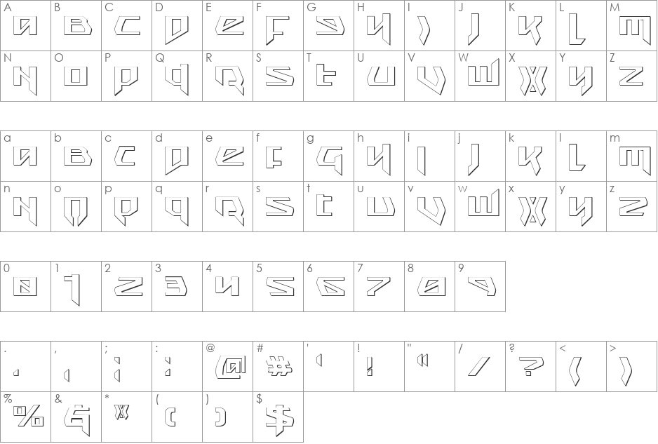 Snubfighter 3D font character map preview