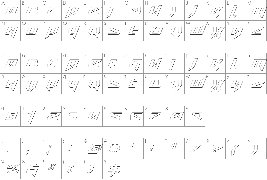 Snubfighter 3D Italic font character map preview