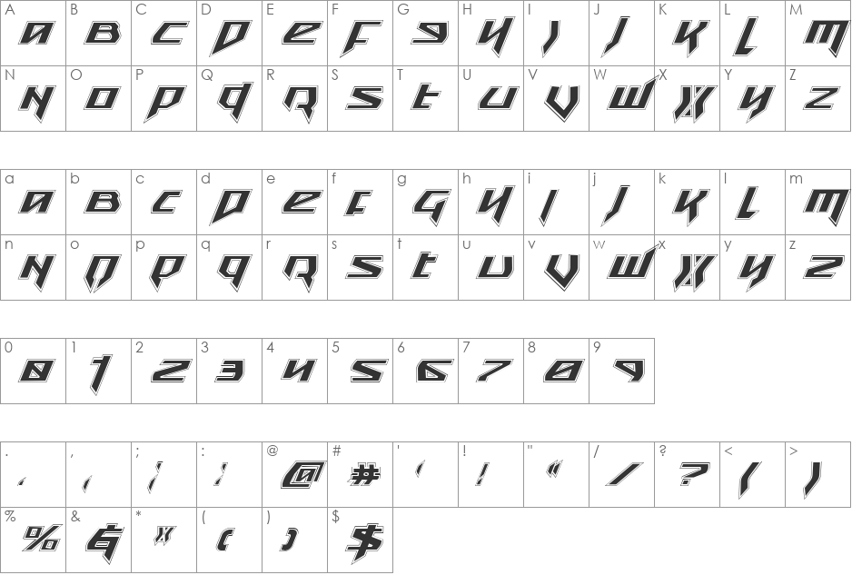 Snubfighter Academy Italic font character map preview