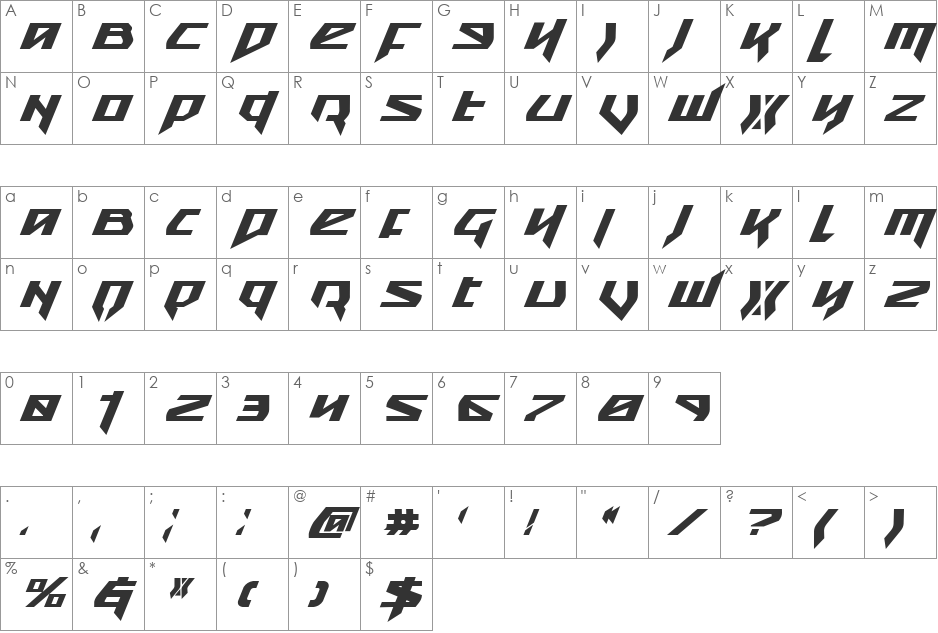 Snubfighter Bold Italic font character map preview