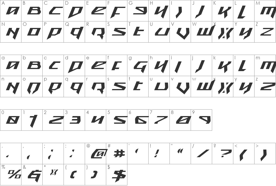 Snubfighter Expanded Italic font character map preview