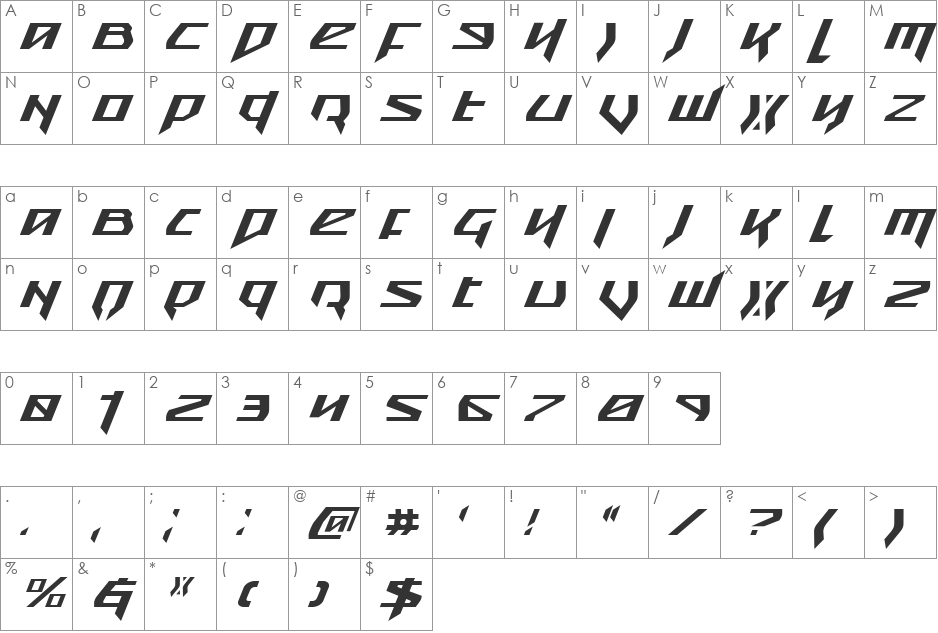 Snubfighter Italic font character map preview