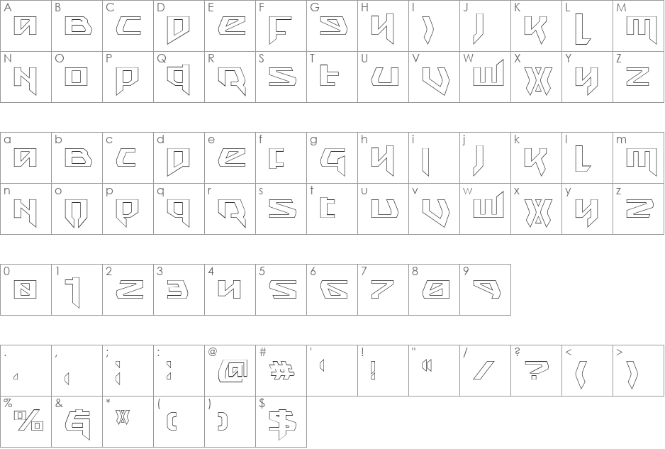 Snubfighter Outline font character map preview
